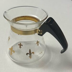 Vintage MCM Pyrex Glass Coffee Carafe 4”, Gold Fleur De Lis Motif, No Lid